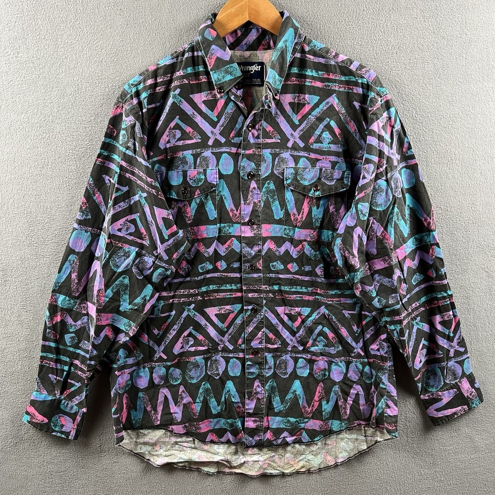 Vintage Wrangler Brushpopper Shirt 16.5 Large Aztec Southwestern Art Rodeo 90s